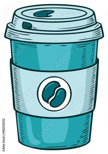 Cute Teal Disposable Coffee Cup with Coffee Bean Logo Hand Drawn Vector Illustration