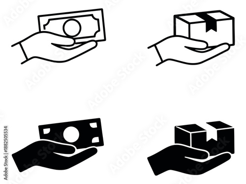 Graphic icon set featuring hands holding money and packages for payment and delivery