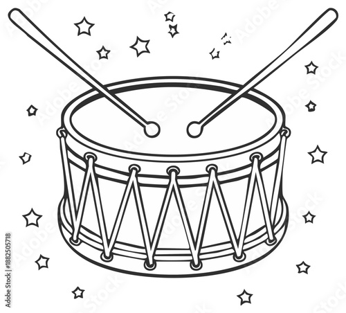 Drum instrument with drumsticks illustration featuring musical percussion instrument and star decorations in a graphic novel style