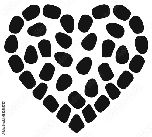 Black heart shape made of pebble like stones isolated on white