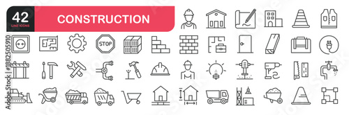 Set of line icons related to repair, renovation, safety, hammer, brick, work tools, home, interior design, building and more. Outline icons collection. Editable stroke. Vector illustration