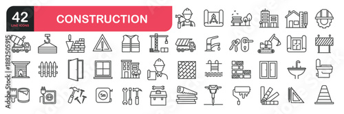 Set of line icons related to repair, renovation, safety, hammer, brick, work tools, home, interior design, building and more. Outline icons collection. Editable stroke. Vector illustration