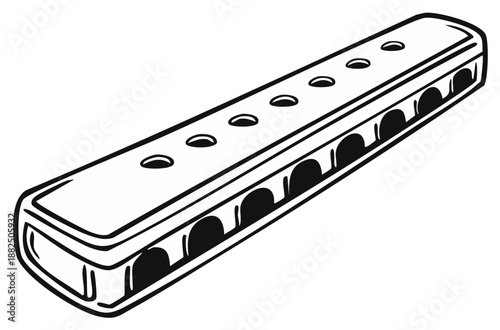 Black and white illustration of a chromatic harmonica with holes and a metallic body