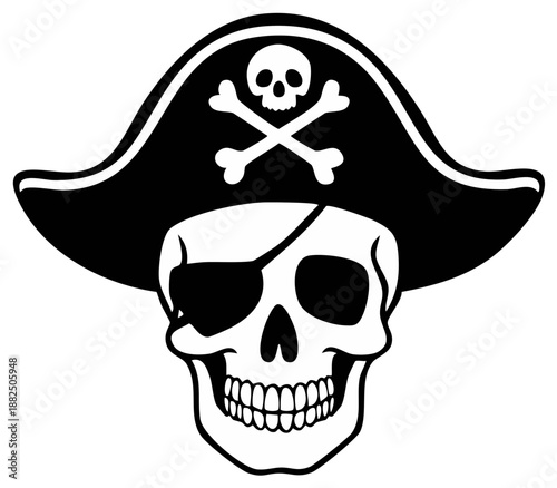 Pirate skull with eye patch and hat featuring skull and crossbones in simple black and white illustration