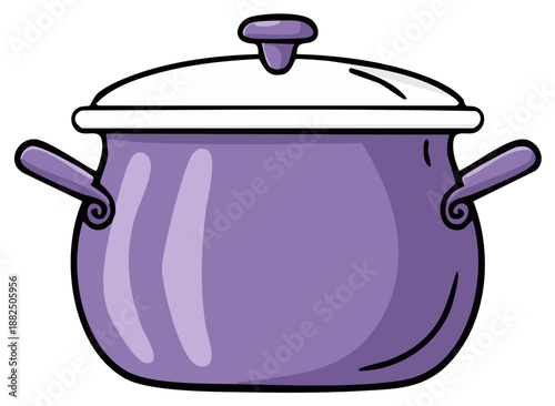 Charming illustration of a purple cooking pot with a white lid and handles