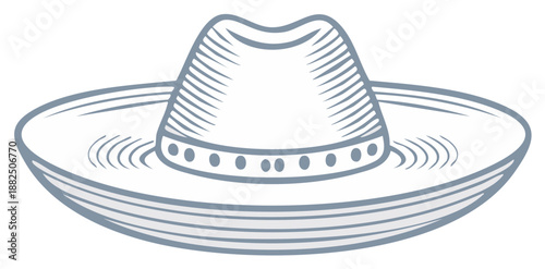 Stylized sombrero illustration, traditional Mexican hat with stitched texture and small decorative elements along the brim