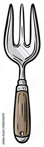 A Handheld Garden Fork Tool with Three Tines and a Wooden Handle