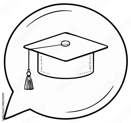 Cartoon graduation cap and speech bubble symbolizing academic achievement and discussion