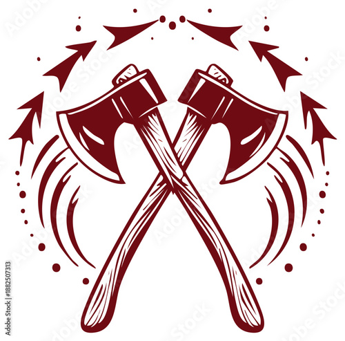 Crossed axes with arrow embellishments in a detailed illustration.