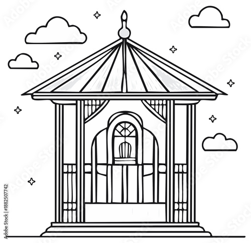 Ornate Gazebo Structure with Decorative Details and Stylized Clouds Outdoors