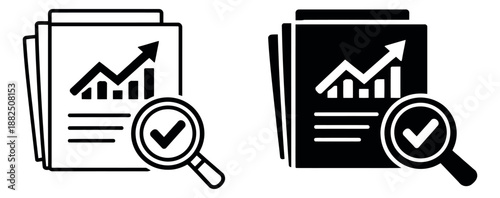 Outline and solid icon set featuring documents with growth charts and magnifying glasses with checkmarks for business analysis and success