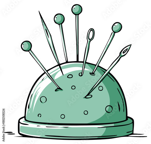 Needle cushion with needles and pins, hand-drawn style, turquoise color