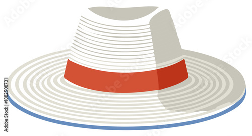 Stylish summer boater hat with red ribbon and blue brim vector illustration