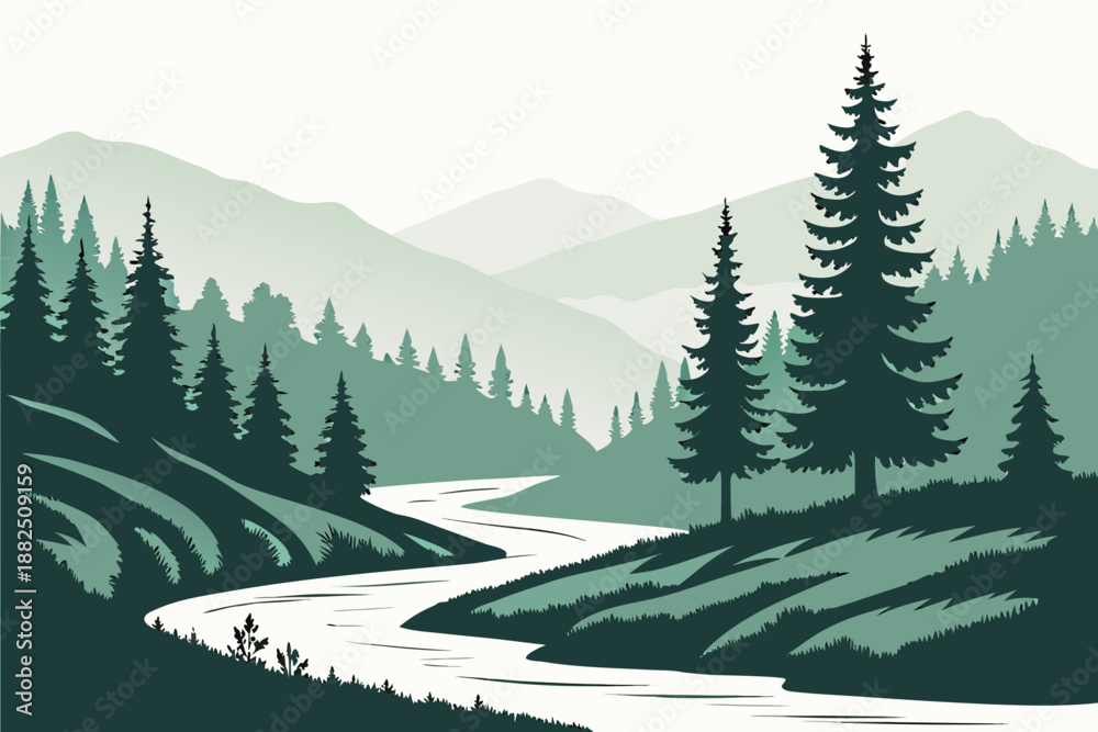 Fototapeta premium Minimal Forest River Silhouette Vector