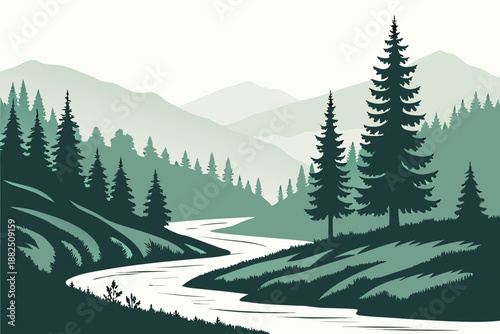 Minimal Forest River Silhouette Vector