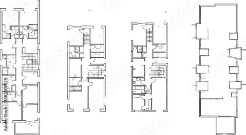 Comprehensive architectural vector featuring four diverse residential floor plan layouts, including detailed apartment units and building site footprints.