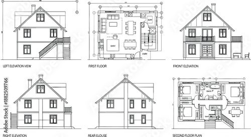 Comprehensive architectural vector set featuring elevations and floor plans for a traditional two-story residential house with a gabled roof.