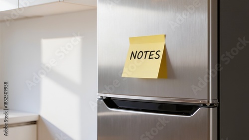 Notes Sticky Note on Refrigerator Door Kitchen Reminder and Grocery List Concept