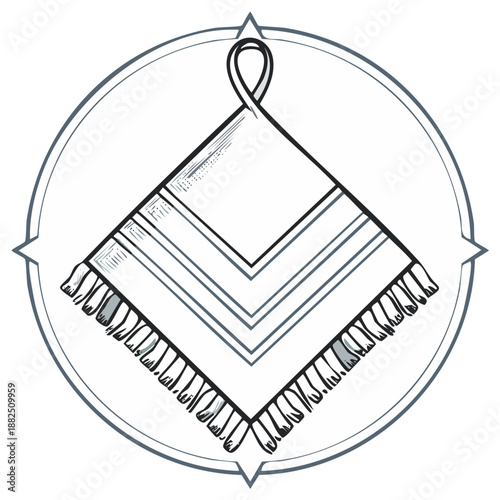 Illustration of woven textile with fringe detail and striped accents inside of compass circle, decorative hanging element