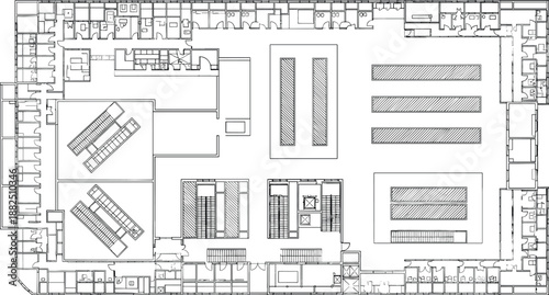 Detailed 2D architectural masterplan vector of a large-scale facility featuring peripheral offices and a vast modular central core.