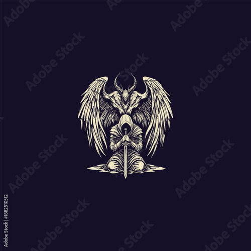 Vintage hand-drawn illustration of a kneeling knight holding a sword with a majestic winged guardian figure behind him, classic engraving style monochrome fantasy art