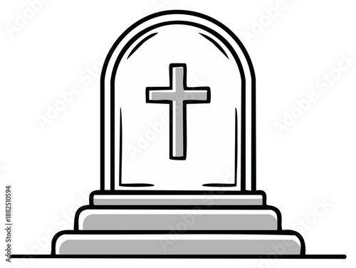 Simple line drawing of a tombstone with a Christian cross symbol