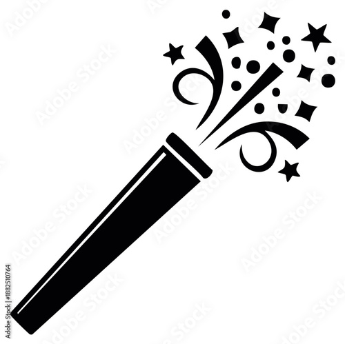 Black silhouette of a party popper exploding with confetti and stars