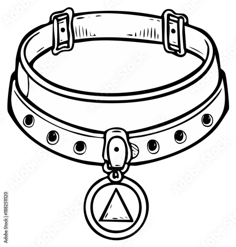 Detailed black and white illustration of a stylized leather collar with a pendant depicting a triangle symbol