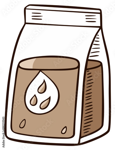 Cartoon style plant based milk carton with seed icon and brown liquid illustration