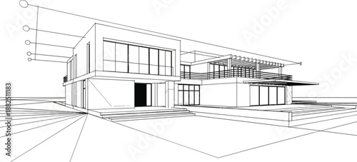 Detailed architectural exterior perspective vector of a modern two-story residential building with glass facades and balcony terraces.