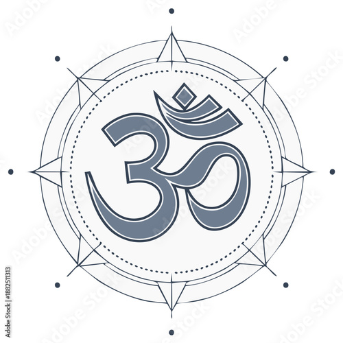 Spiritual Om Symbol Within a Compass Rose Design Isolated on White Background
