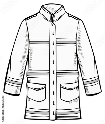 Black and white line art illustration of a firefighter's protective turnout jacket with safety stripes