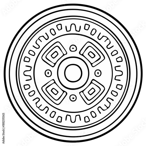 Ancient Aztec Sun Stone Symbol Illustration Isolated Black and White Line Art