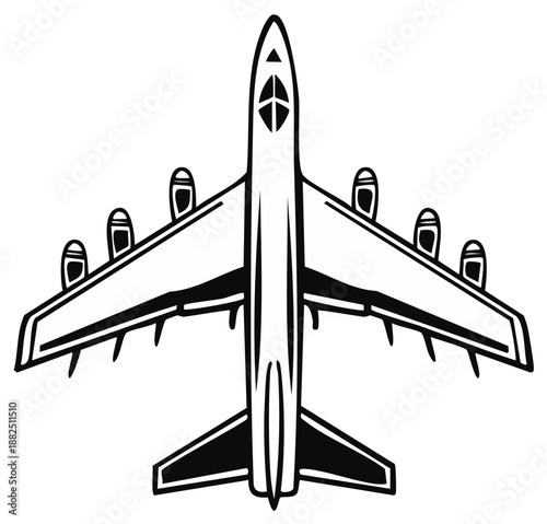 Top View Illustration of a Vintage Jet Airplane with Multiple Engines