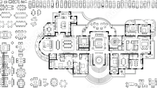 Detailed architectural floor plan of a luxury villa with an extensive library of furniture blocks and vehicle symbols.