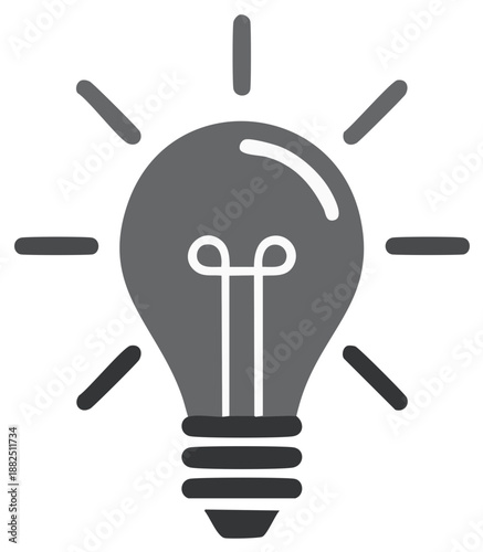 Simple gray graphic of a glowing incandescent light bulb symbolizing an idea or inspiration with radiating light lines