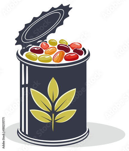 Open can of beans illustration with stylized plant design on label, food preparation