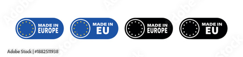 European Product Origin Labels in Blue and Black, EU Manufacturing Icons with Star