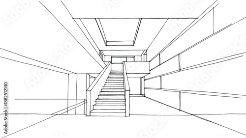Detailed architectural line-art vector of a modern building atrium featuring a monumental central staircase and a large skylight.