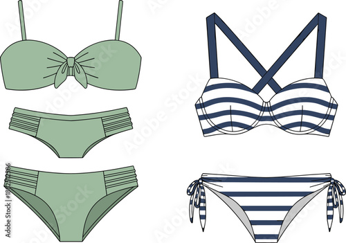 Flat vector bikini set, women's swimwear collection, two piece swimsuits, fashion illustration, modern summer beachwear design on white background isolated