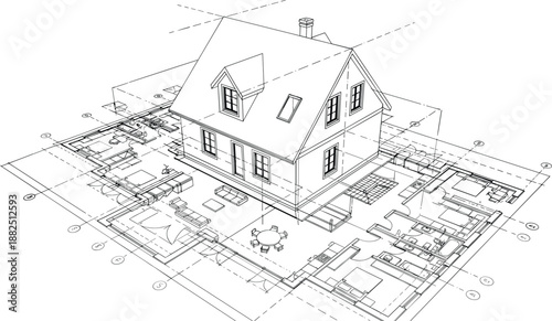 Detailed architectural vector featuring a 3D residential house model integrated with a comprehensive isometric site floor plan.