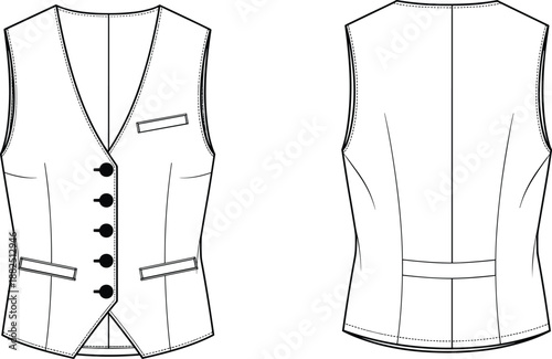 Men tailored waistcoat vest technical drawing, front and back view, fashion flat sketch, sewing pattern illustration isolated