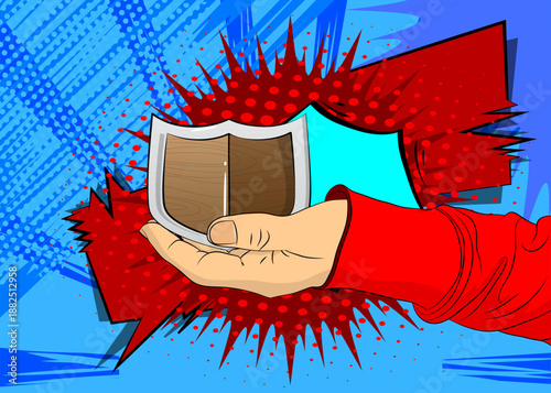 Cartoon, comic book human hands holding Shield. Retro vector comics pop art design.