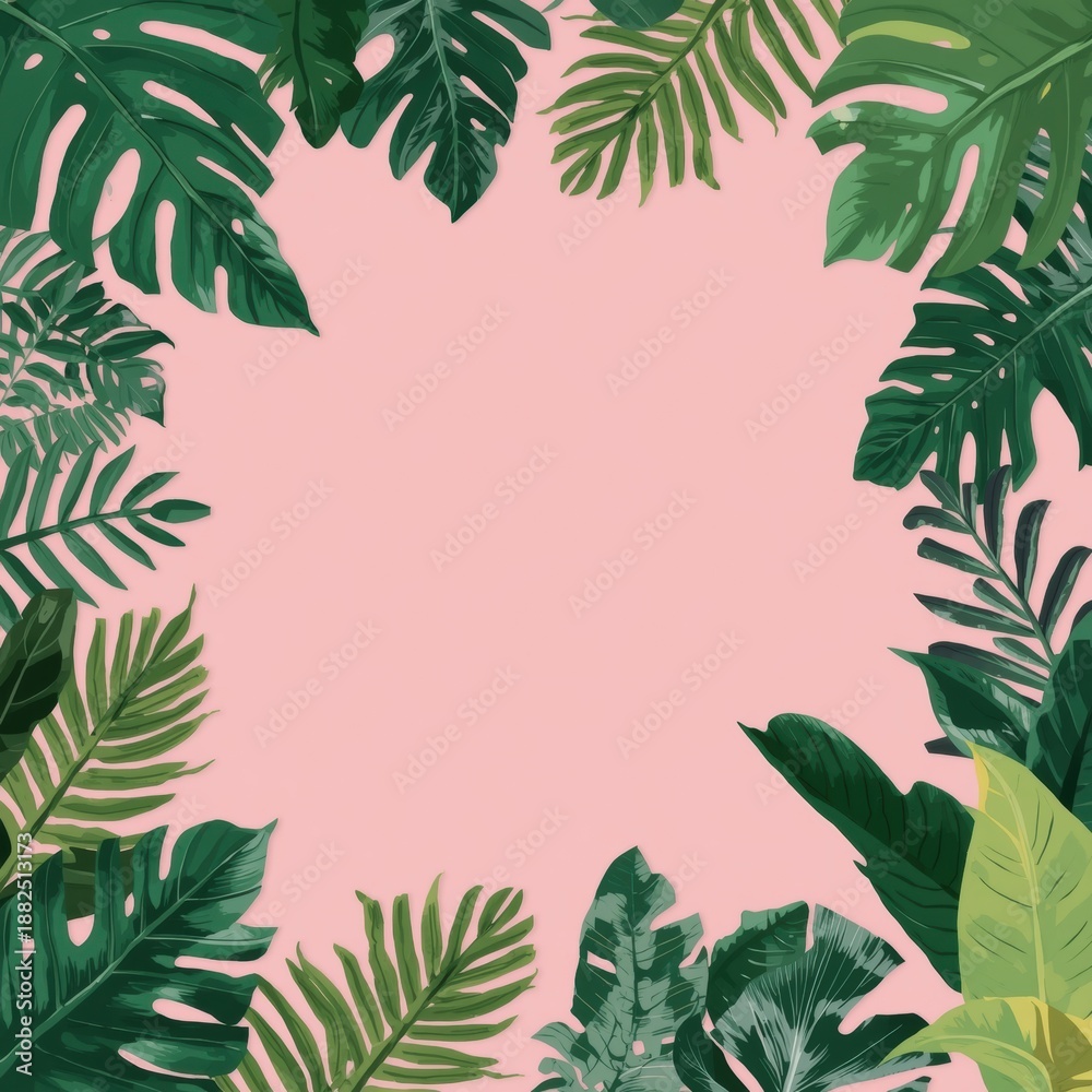 Naklejka premium Tropical leaves frame on pink background