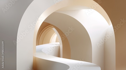 A Serene Abstract Archway Corridor Featuring Smooth Curves and Soft Neutral Tones for Artistic and Modern Interior Design Concepts