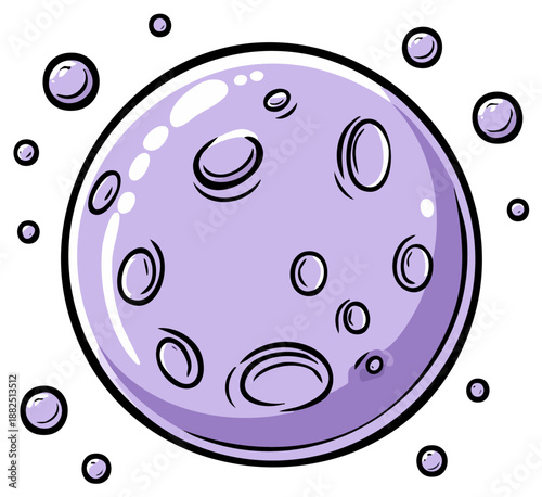 Cartoon Purple Planet with Craters and Floating Spheres Comic Style