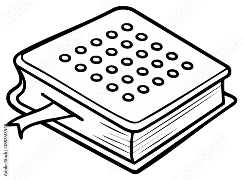 Isometric line art icon of a book with a Braille dot pattern cover and bookmark for reading