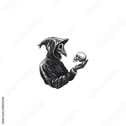 Vintage hand-drawn illustration of a skeleton doctor or plague doctor in a hat holding a human skull, classic dark monochrome engraving style.