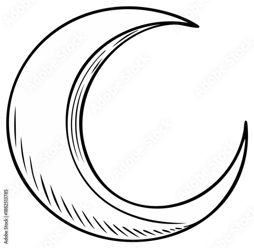 Simple crescent moon sketch with hatching details representing night sky.