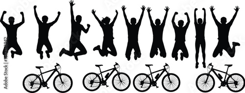 Silhouette group of jumping people with bicycles, energetic celebration poses, active lifestyle illustration, black vector design for sports and fitness